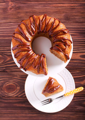 Chocolate drizzle ring cake overhead shot