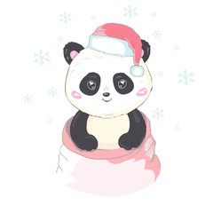 Cute panda in Santa's hat in red bag with gifts vector image isolated. Cartoon panda bear gets out of Santa Claus's sack. Funny bearcat Children's Xmas design. Merry Christmas and Happy New Year mood.