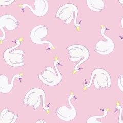 Seamless pattern with white swans. White swans on pink background. Vector illustration.