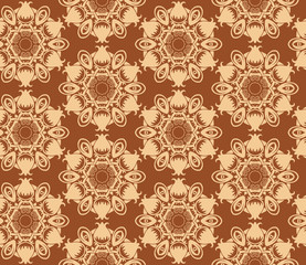 Seamless pattern from circular abstract floral ornaments in beige color on a brown background. Vector illustration. Suitable for fabric, wallpaper and wrapping paper