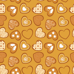 Vector seamless texture with heart-shaped ginger cookies.