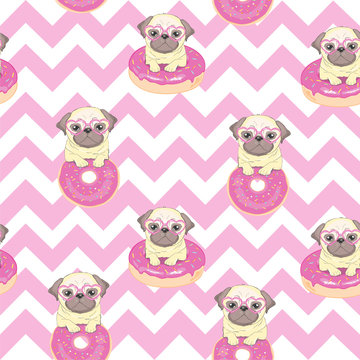 Pink seamless pattern with funny french bulldog and donut.