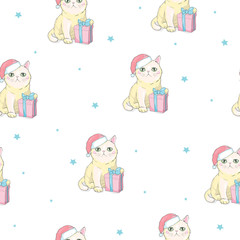 Vector christmas seamless pattern with grey cat with green eyes in santa hat and bow tie isolated on the white background. Text Merry Christmas.