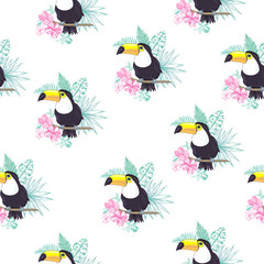 Tropical seamless pattern with toucans, exotic leaves and pineapples. Vector illustration