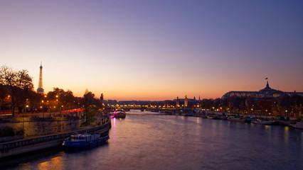 Fototapeta na wymiar Paris, France - November 17, 2018: Alexandre 3 bridge and Grand Palais at sunset in Paris