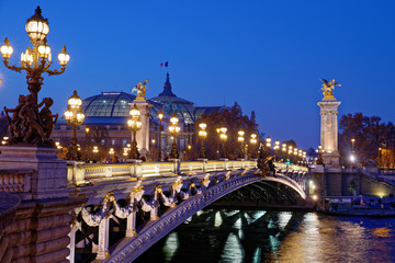 Paris, France - November 17, 2018: Alexandre 3 bridge and Grand Palais at sunset in Paris