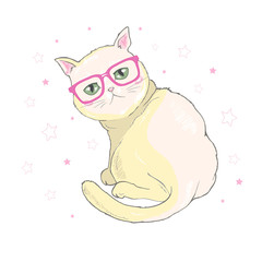 Vector hand drawn cute cat's face saying Hello. Isolated illustration with lettering on white background