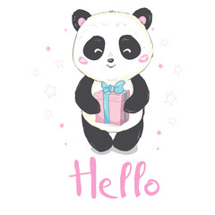 Vector Illustration: A cute cartoon giant panda is sitting on the ground, sticking tongue out, with a branch of bamboo leaves in hand