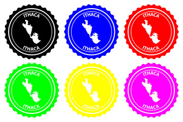 Ithaca - rubber stamp - vector, Ithaca map pattern - sticker - black, blue, green, yellow, purple and red