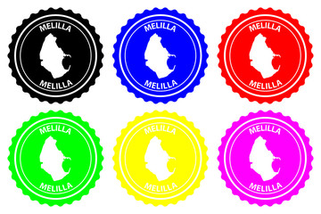 Melilla - rubber stamp - vector, Melilla map pattern - sticker - black, blue, green, yellow, purple and red