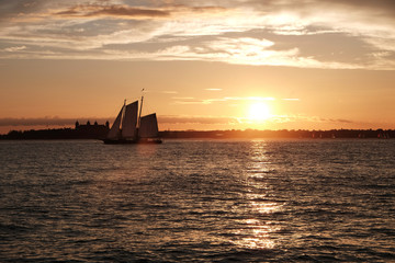 New York upper Bay Sunset with sailing ship