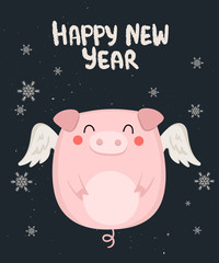 Creative postcard for New 2019 Year with cute pig and winter slogan