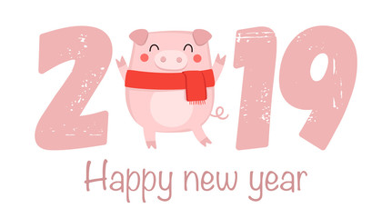 Creative poster for New 2019 Year with cute pig and congratulatory slogan