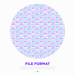 File formats concept in circle with thin line icons: doc, pdf, php, html, jpg, png, txt, mov, eps, zip, css, js. Modern vector illustration, print media template.
