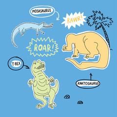 Zabawny dino wektor zestaw. Postacie Dino T-Rex, Mosasaurus, Anatosaurus. Ilustracje dinozaurów z napisami na białym tle. Elementy ilustracji dla dzieci, dziewcząt, chłopców, modnych ubrań - 236647278