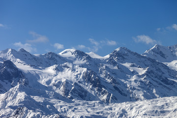 Fototapeta na wymiar View on snowy mountains and glacier in nice sunny evening