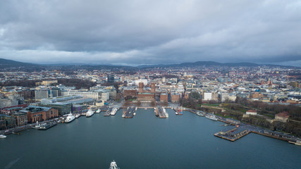 Fototapeta premium Aerial drone photo over Aker Brygge and City Hall in Oslo, Norway