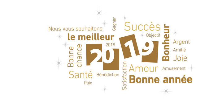 Happy New Year 2019 negative space French language cloud text gold white silver vector