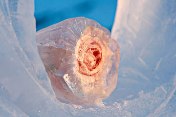 Ice flower sculpture of frozen water painted pink paint against a blue sky.