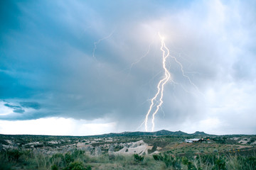Beautiful view of the sky and lightning on the landscape of Cappadocia in Turkey.