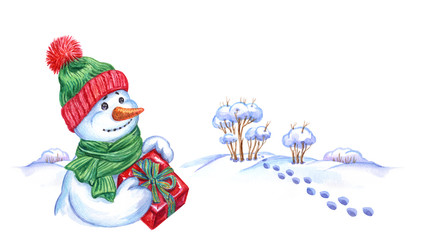 Snowman in a hat and scarf with a gift on the background of a winter landscape with snowdrifts and bushes, watercolor illustration on a white background. New Year, Christmas card, banner, etc.
