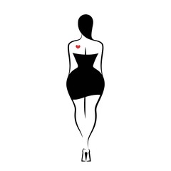 The woman rear view with long hair and in a little black dress. An isolated vector illustration