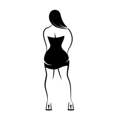 The woman rear view with long hair and in a little black dress. An isolated vector illustration