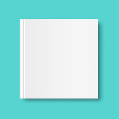 Square closed book mock up isolated on mint green background. White blank cover. 3D realistic book, notepad, diary etc vector illustration