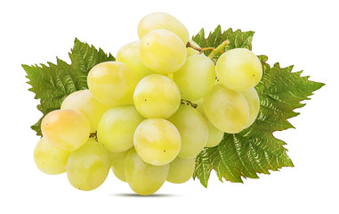 Fresh grapes with leaves isolated on white background with clipping pass