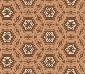 Seamless pattern from circular abstract floral ornaments in white and brown color on peanut background. Vector illustration. Suitable for fabric, wallpaper and wrapping paper