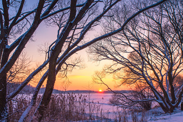 Naklejka premium Sunset winter landscape with snow-covered lake in violet and pink colors