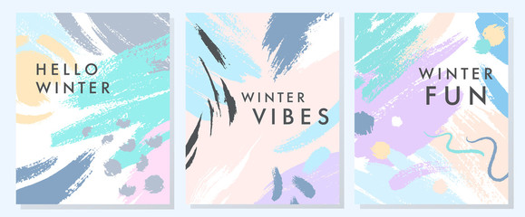 Unique artistic winter cards with hand drawn shapes and textures in soft pastel colors.Trendy graphic design perfect for prints,flyers,banners,invitations,special offer and more.Vector collages.