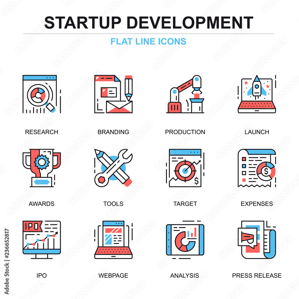 Poster flat line startup your project icons concepts set for website and mobile site and apps. startup deve