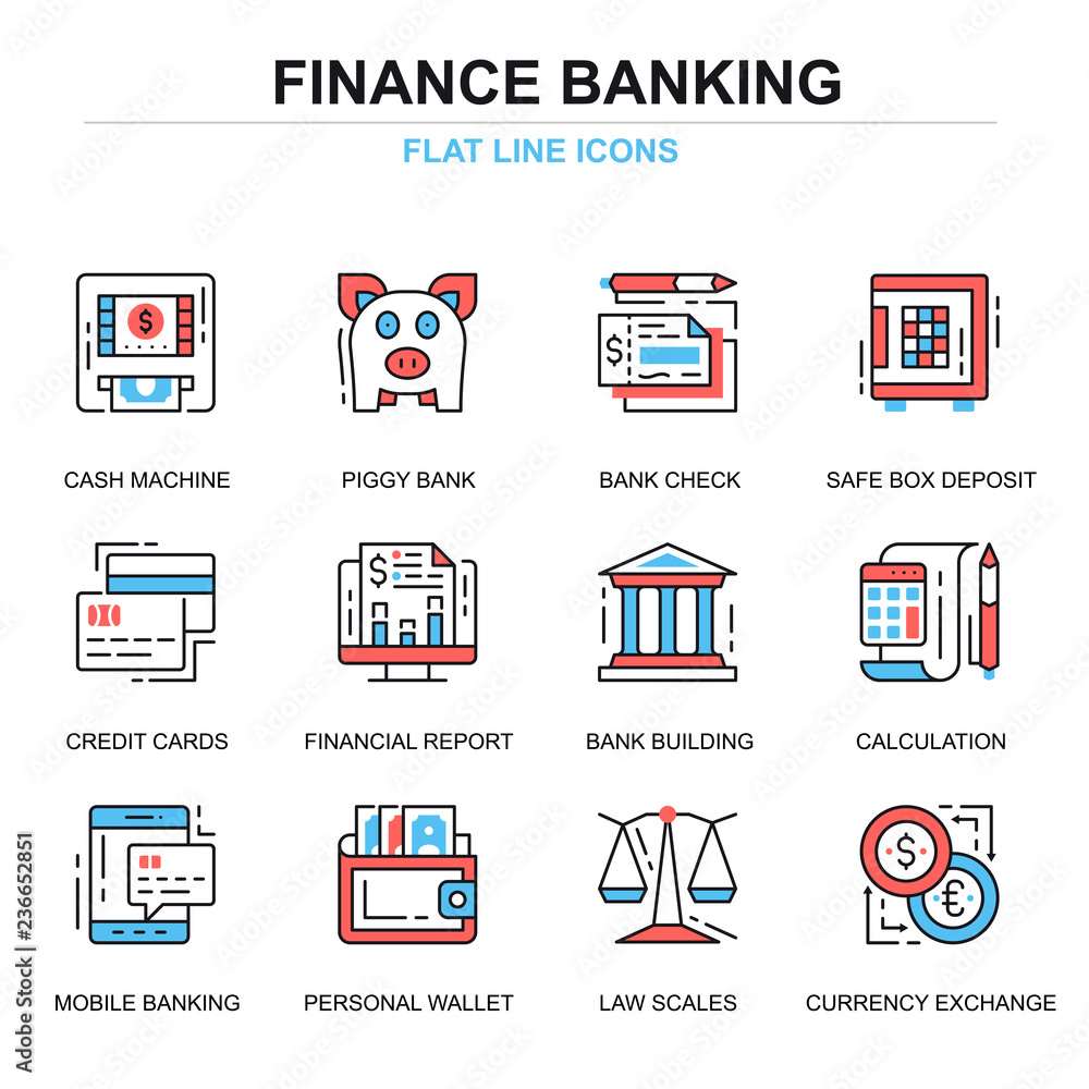 Leinwandbilder flat line banking and finance icons concepts set for website and mobile site and apps. e-banking, mo