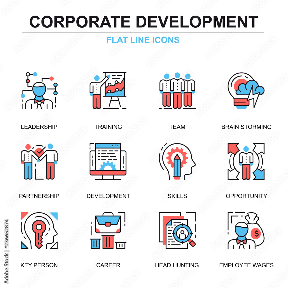 Poster flat line corporate development icons concepts set for website and mobile site and apps. leadership 