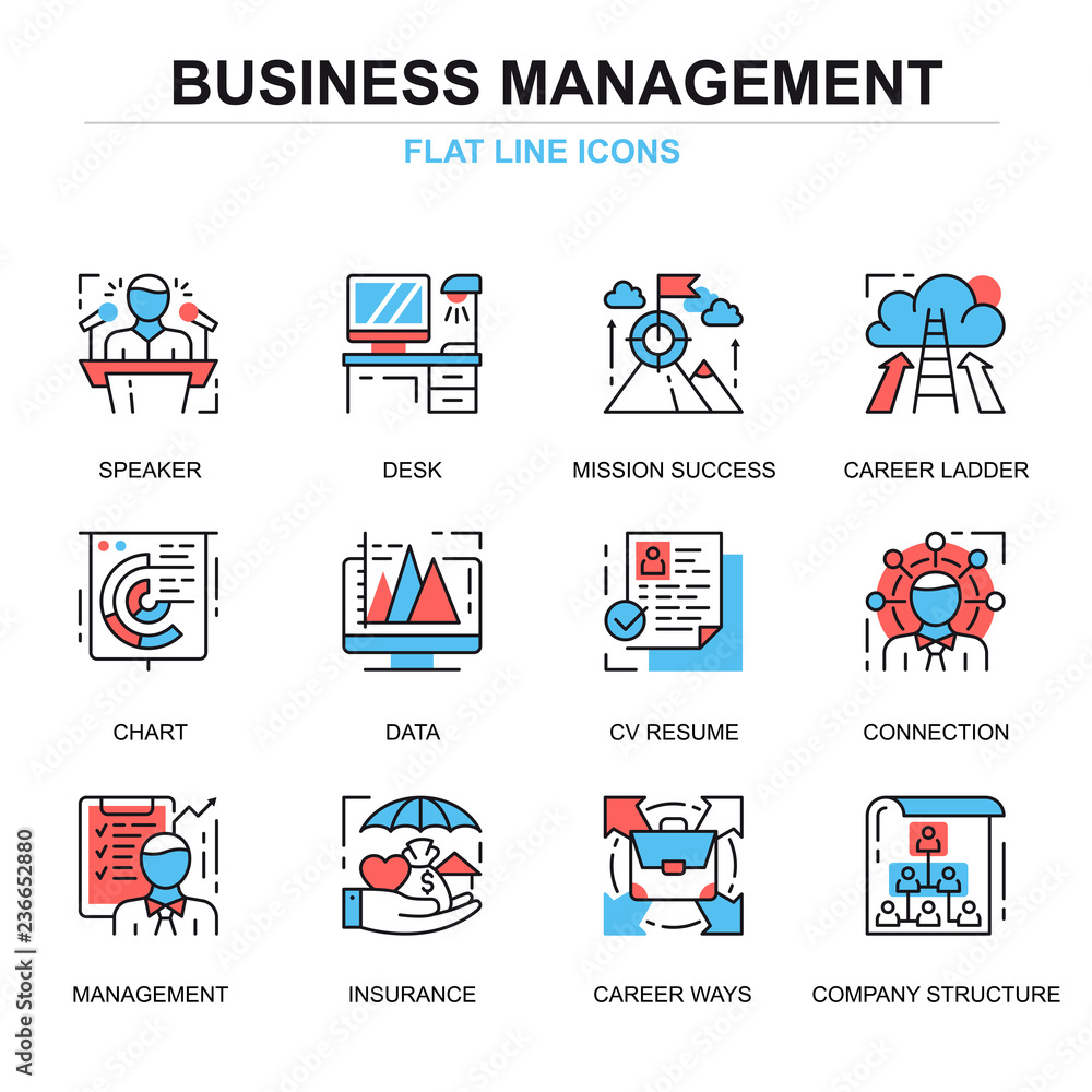 Poster flat line management icons concepts set for website and mobile site and apps. business company struc