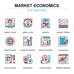 Flat line global market economics icons concepts set for website and mobile site and apps. Funds raising and financial trends. Thin line color simple pictogram pack. Vector illustration.