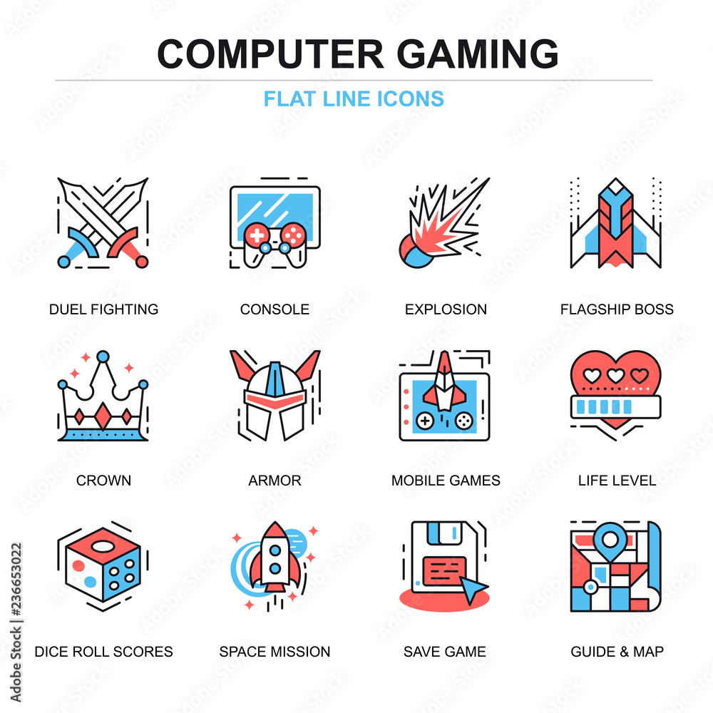 Poster flat line leisure mobile gaming icons concepts set for website and mobile site and apps. computer ga
