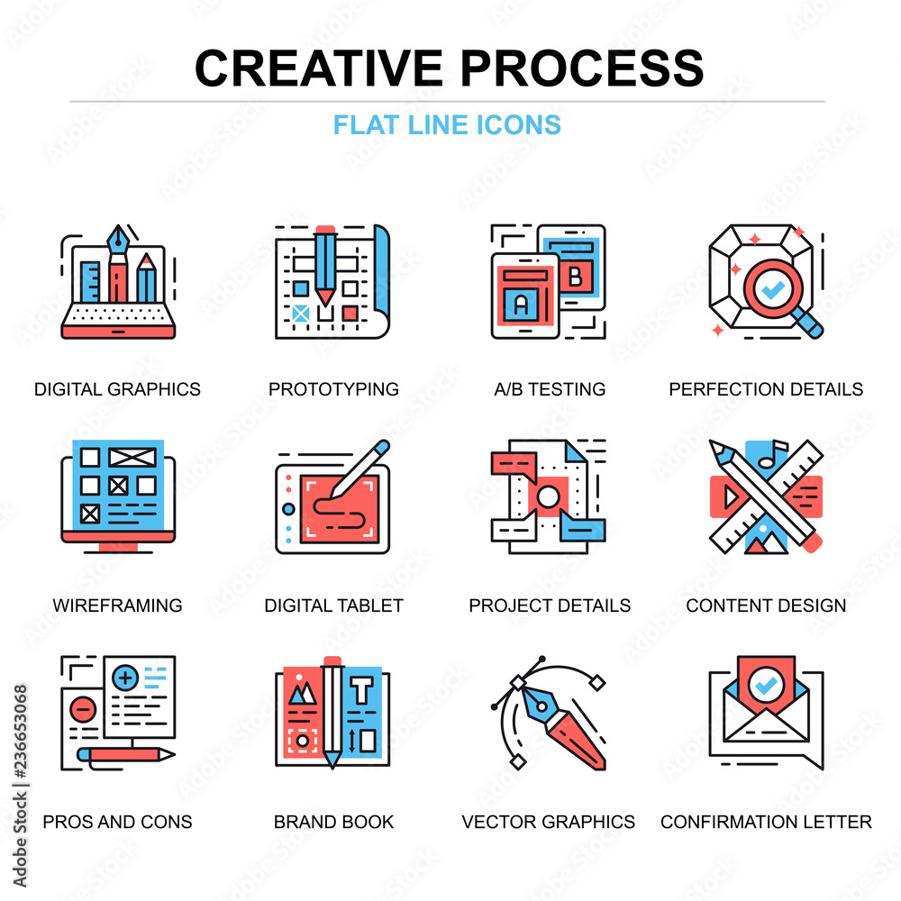 Poster flat line creative process icons concepts set for website and mobile site and apps. digital graphics