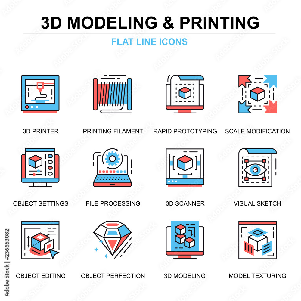 Poster Flat line 3D printing and modeling icons concepts set for website and mobile site and apps. Volumetric object scanning, scaling technology. Thin line color simple pictogram pack. Vector illustration.