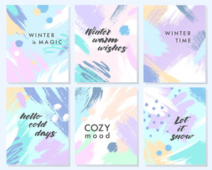 Collection of unique holidays cards with hand drawn shapes and textures in soft pastel colors.Trendy greetings design perfect for prints,flyers,banners,invitations and more.Vector winter collages.