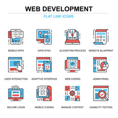 Flat line web development icons concepts set for website and mobile site and apps. Mobile apps coding, user interface testing. Thin line color simple pictogram pack. Vector illustration.