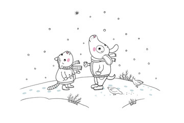 Winter postcard. Cute cartoon cat and dog. December day.