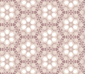 Seamless hexagonal pattern from circular abstract floral ornaments in pastel bisque color on light beige background. Vector illustration. Suitable for fabric, wallpaper and wrapping paper