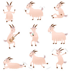 Set of different funny goats in different poses with positive emotions runs, jumps, rests and more.
