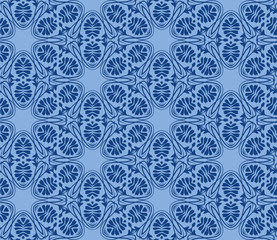 Seamless hexagonal pattern from circular abstract floral ornaments in blue color on a light sky blue background. Vector illustration. Suitable for fabric, wallpaper and wrapping paper