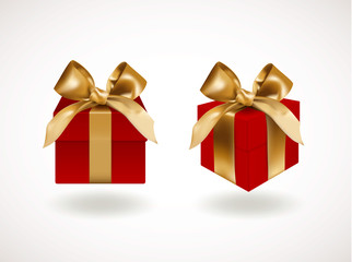 Front view of set of two closed Red gift boxes bandaged with golden elegant bows with knots. Objects or icons isolated on white background. Realistic vector illustration.