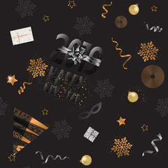 Happy New Year 2019 seamless pattern with gold and white snowflackes.