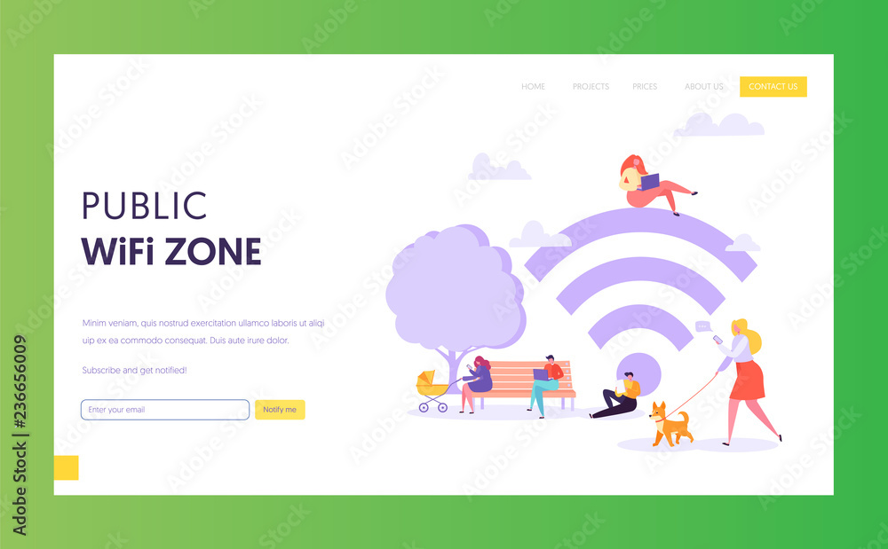 Poster wifi wireless network landing page template. public wi-fi zone in park with characters using mobile 