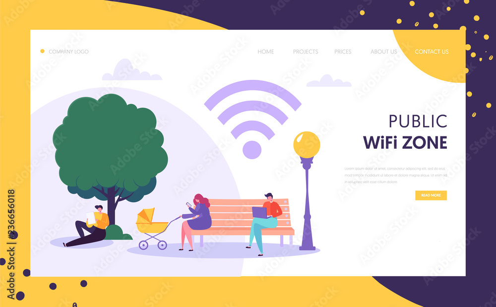 Poster wifi wireless network landing page template. public wi-fi zone in park with characters using mobile 